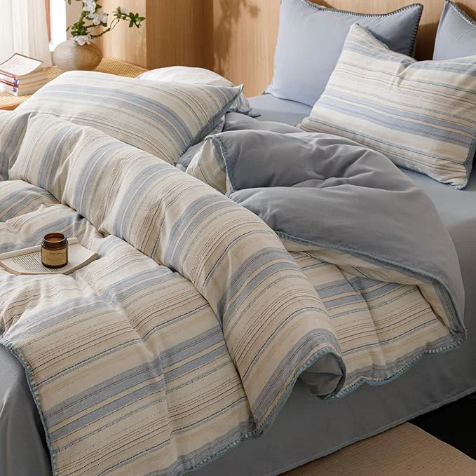 Natural VM VOUGEMARKET Pinstripes Duvet Cover Set Queen 3 Pieces Muslin Cotton Bedding Set with Zipper Closure Blue White Stripes Duvet Cover Queen Size No Comforter High-End