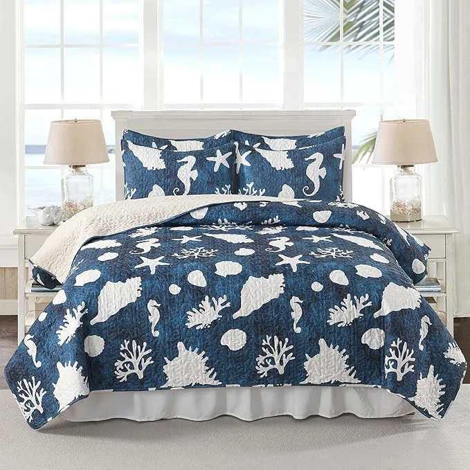 Innovative HORIMOTE HOME Coastal Quilt Bedding Set Queen Size Reversible Navy Summer Beach Quilt Lightweight Ocean Nautical Comforter Tropical Bedspread Coverlet with 2 Pillow Shams for All Seasons 90 quot x96 quot Superior