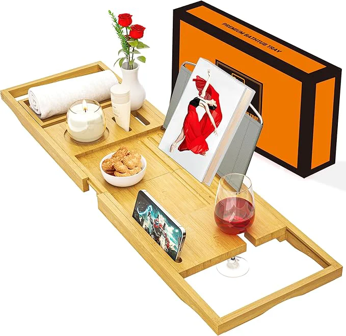 Original Design Banlilu Premium Natural Bamboo Expandable Bathtub Tray Caddy Luxury Spa-Like High-Performance