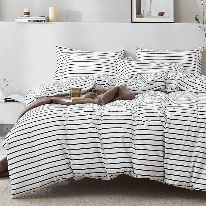 Practical JELLYMONI Natural Cotton 3pcs Striped Duvet Cover Sets White Duvet Cover with Thick Black Stripes Pattern Printed Comforter Cover with Zipper Closure amp Corner Ties Full Size Modern