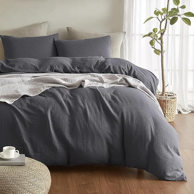 Next-Generation SE SOFTEXLY Muslin Duvet Cover King Size Washed Cotton Duvet Cover Set Ultra Soft Comforter Cover Linen Like 3 Pieces Minimalist Gauze Duvet Cover with 2 Pillowcases 90 quot x104 quot Dark Grey Pure