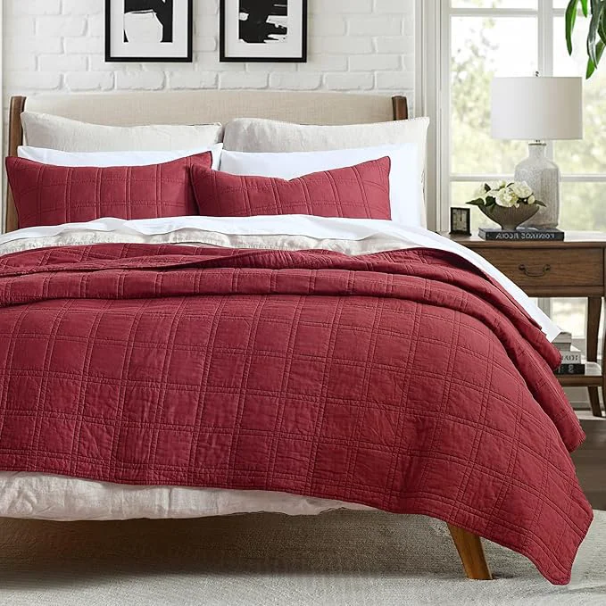 Top-Quality HORIMOTE HOME Cotton Quilt Set King Size Burgundy Red Pre-Washed Bedspreads Coverlet Set in Geometric Pattern Cozy Lightweight Stitching Decorative Bedding Cover with 2 Shams for All Season Detailed