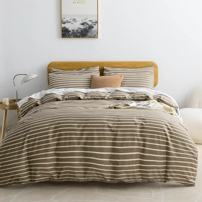 Comfortable JELLYMONI Full Duvet Cover Set Cotton Duvet Cover 3 Pieces with Zipper Closure 1 Duvet Cover and 2 Pillowcases Khaki with White Striped Casual