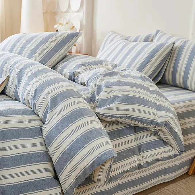 Healthy Blue Striped Duvet Cover King Washed Cotton Boho King Comforter Cover Soft Vertical Stripe Pattern Duvet Cover Set with 2 Pillow Cases Farmhouse Zipper Bedding Set Pinstripe Duvet Protector Certified