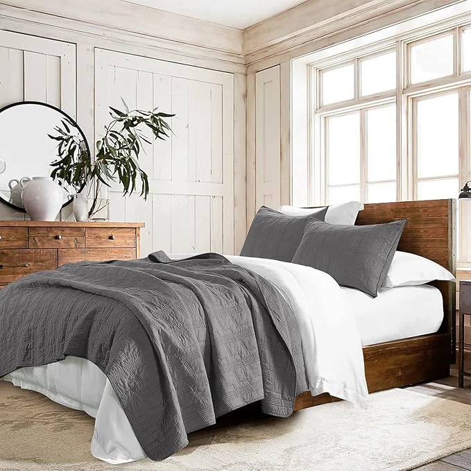 Advanced HORIMOTE HOME Cotton Quilt Set Queen Size Dark Grey Pre-Washed 3-Piece Bedspread Coverlet Set Cozy Lightweight Stitching Bedding Cover with 2 Shams in Geometric Pattern for All Season High-Grade