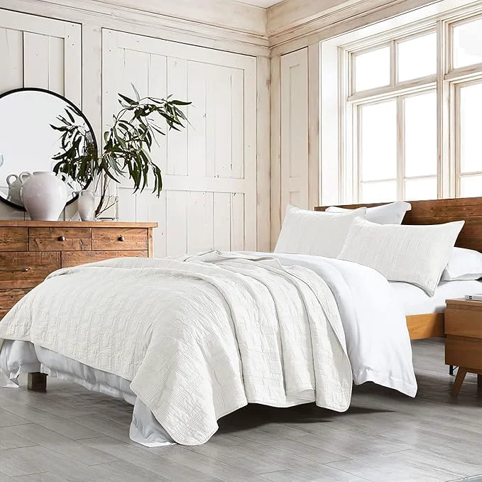Safe HORIMOTE HOME Cotton Quilt Set Twin Size White Pre-Washed 2-Piece Bedspread Coverlet Set Cozy Lightweight Stitching Decorative Bedding Cover with 1 Shams in Geometric Pattern for All Season Soft