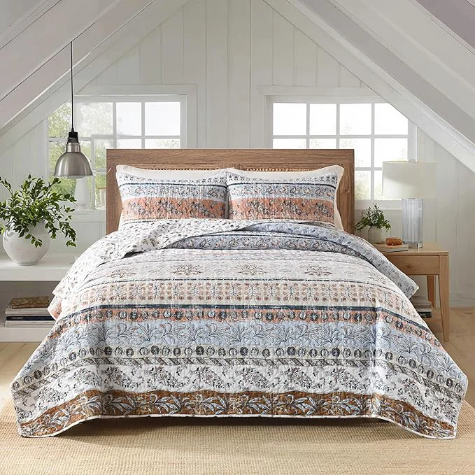 World-Class Boho Style Queen Quilt Set Mocha Brown Bohemian Floral Strip Quilt Beddding Set Soft and Lightweight Bedspread for All Season Full Size Bed Coverlet with 2 Matching Pillow Shams 3 Pieces Innovative