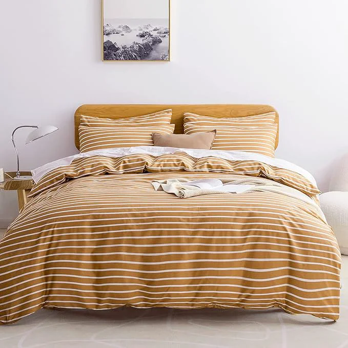 Fashionable JELLYMONI Queen Duvet Cover Set Cotton Duvet Cover 3 Pieces with Zipper Closure 1 Duvet Cover and 2 Pillowcases Rust with White Striped Original Design