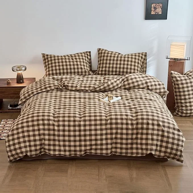 Easy-to-Use Checkered Duvet Twin Covers Tan Brown Washed Cotton Comforter Cover Twin Size Boho Gingham Cute Rustic Duvet Cover Set with Hidden Zipper Vintage Buffalo Plaid Bedding Set Soft Duvet Protector Clean