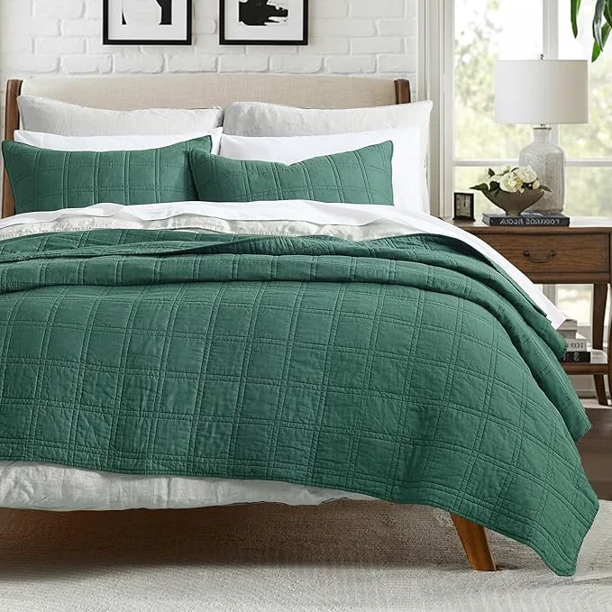 Organic HORIMOTE HOME Cotton Quilt Set Queen Size Dark Green Pre-Washed Bedspreads Coverlet Set in Geometric Pattern Cozy Lightweight Stitching Decorative Bedding Cover with 2 Shams for All Season Verified