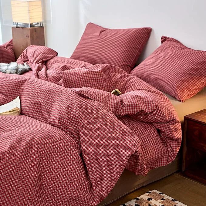 Environmentally Friendly Gingham Full Size Duvet Cover Red Washed Cotton Comforter Cover Full Size Plaid Checkered Boho Zipper Duvet Cover Set with 2 Pillow Cases Farmhouse Girls Bedding Set Pattern Duvet Protector Relaxed