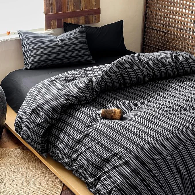 Genuine Striped Full Duvet Cover Black Washed Cotton Comforter Cover Full Size Grey Vertical Stripe Farmhouse Zipper Duvet Cover Set with Ties Soft Boho Bedding Set Minimalist Duvet Protector Next-Generation