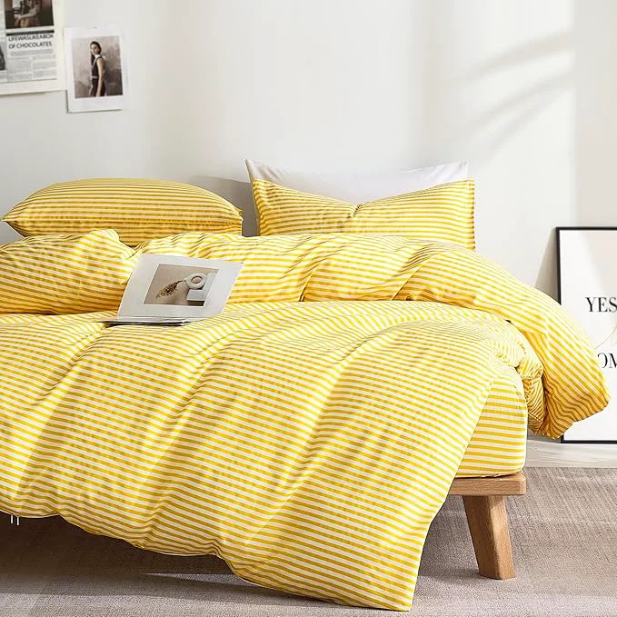 Sustainable JELLYMONI Natural Cotton 3pcs Striped Duvet Cover Sets Yellow with White Stripes Pattern Printed Comforter Cover with Zipper Closure amp Corner Ties King Size Refined
