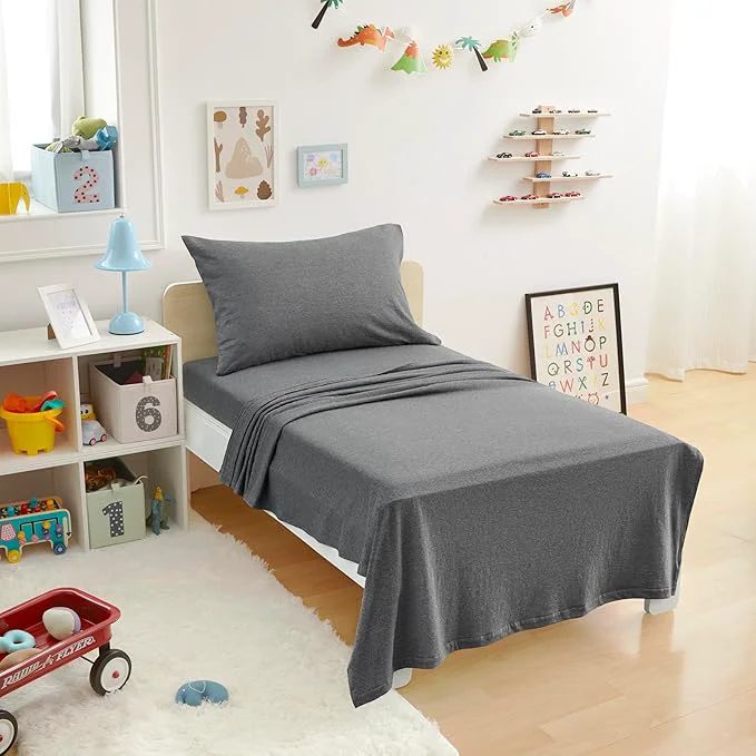 Healthy Amazon Basics 3 Piece Bed Sheet Set Cotton Jersey Includes Super Soft Flat and Fitted Sheets Pillowcase Toddler Dark Gray Solid Fast
