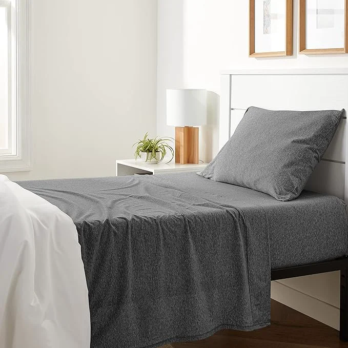 Casual Amazon Basics Breathable Stretchy 3 Piece Bed Sheet Set Cotton Jersey Knit Includes Flat and Fitted Sheets Pillowcase Machine Washable Twin Dark Gray Solid Refined