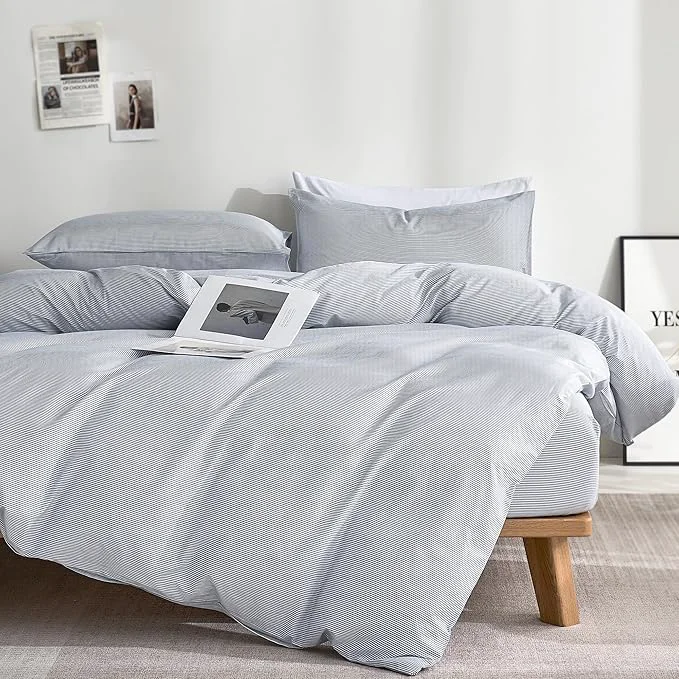 Official JELLYMONI Natural Cotton 3pcs Striped Duvet Cover Sets Blue Duvet Cover with Thin White Stripes Pattern Printed Comforter Cover with Zipper Closure amp Corner Ties Full Size Expertly Made