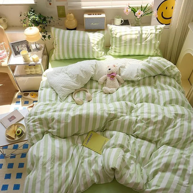 Trusted Green Striped Duvet Cover Twin XL Boho Cute Comforter Cover Twin XL Farmhouse Coquette Vintage Soft Duvet Cover Set with 2 Pillowcases College Bedding for Boys Washed Microfiber Duvet Protector Dependable