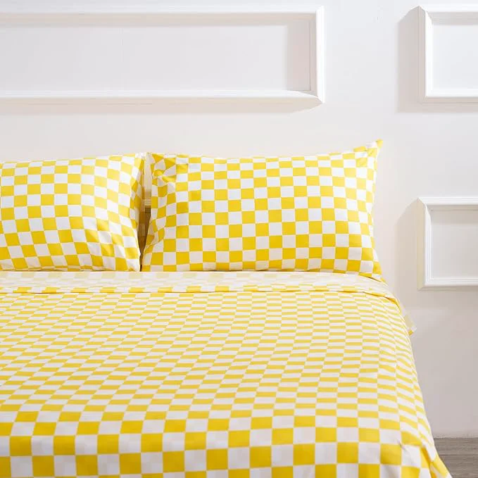 Stylish Season Bed Sheet Set 4 Piece -Full Size-Soft Durable Microfiber Bedding Sheet Set Deep Pocket Stain Fade amp Wrinkle Resistant Green and White Checkerboard Grid Plaid Yellow amp White High-Performance