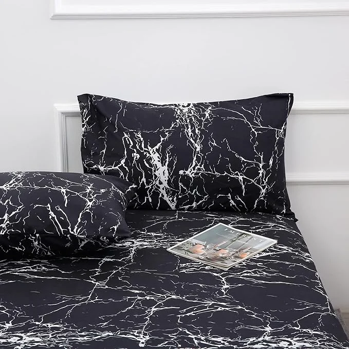 Sophisticated Season Bed Sheet Set 4 Pieces -Queen Size-Soft Durable Microfiber Bedding Sheet Set Deep Pocket Stain Fade amp Wrinkle Resistant Black Marble Exclusive