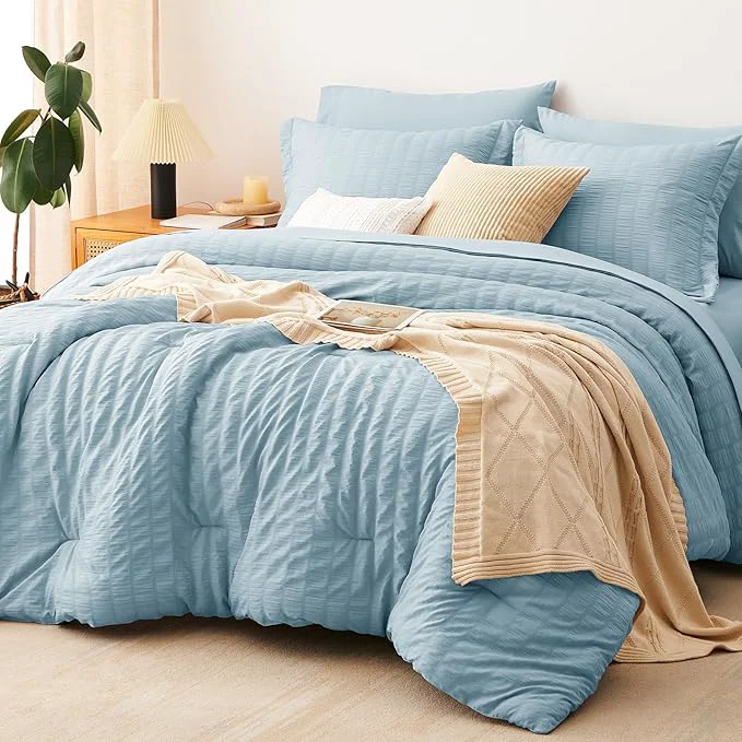 Verified CozyLux Queen Comforter Set Light Blue Seersucker 7 Pieces Bed in a Bag Queen Comforter Set with Sheets Luxury Soft Bedding Set with Down Comforter Sheets Pillowcases amp Shams All Season Optimized