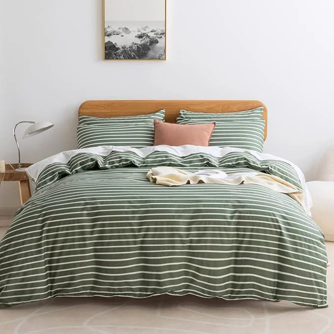 Minimalist JELLYMONI King Duvet Cover Set Cotton Duvet Cover 3 Pieces with Zipper Closure 1 Duvet Cover and 1 Pillowcases Green with White Striped Exceptional