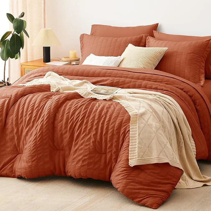 Solid CozyLux King Size Comforter Set Burnt Orange Seersucker 7 Pieces Bed in a Bag King Comforter Set with Sheets Terracotta Luxury Bedding Set with Down Comforter Sheets Pillowcases amp Shams Effective