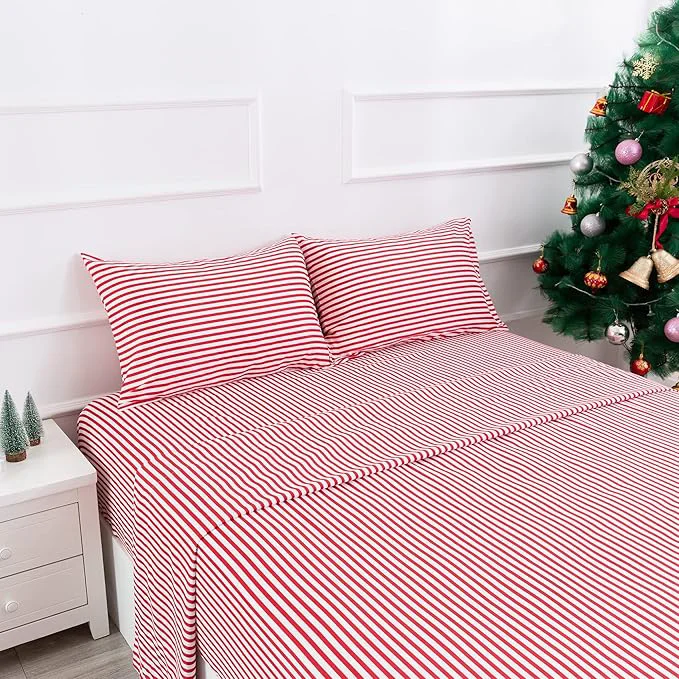 Practical Season Ticking Stripe Sheet Set 4 Piece Full Size Microfiber Bedding Burgundy Red and White Pinstripe Patterned Deep Pocket Original Design