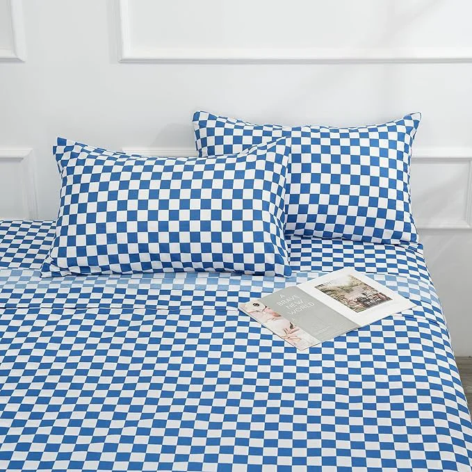 Long-Lasting Season Queen Size Sheet Set 4 Piece -Microfiber Soft Durable Bedding Sheet Set Deep Pocket Stain Fade amp Wrinkle Resistant Plaid Blue amp White Eco-Friendly