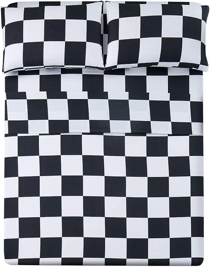 Fine Crafted Season Bed Sheet Set 4 Piece -Full Size-Soft Durable Microfiber Bedding Sheet Set Deep Pocket Stain Fade amp Wrinkle Resistant Plaid Black amp White Proven