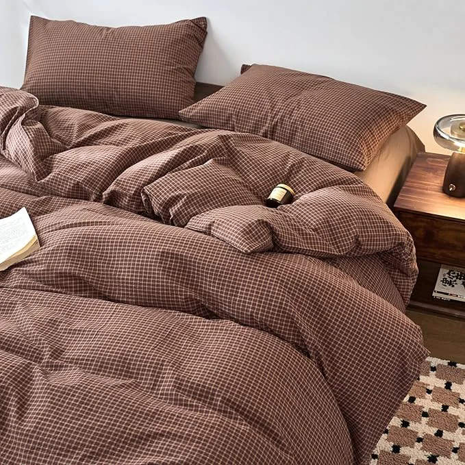 Clean Gingham Duvet Cover Set Twin XL Brown Washed Cotton Twin XL Comforter Cover Plaid Checkered Boho Zipper Duvet Cover Set with Corner Ties Farmhouse Dorm Bedding Set Caramel Duvet Protector High-Performance