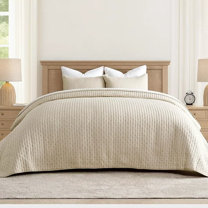 Exceptional EVERGRACEHOME Cross Stitch Pre-Washed Cotton Quilt Bedding Set King Size Oversized 3 Pieces Lightweight Bedspread Coverlet for All Season with 2 Matching Shams Flax Beige 118 quot x106 quot Easy-to-Use