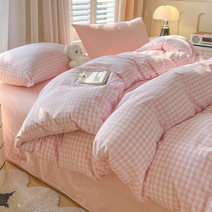 Fashionable Pink Gingham Duvet Cover Twin XL Washed Cotton Plaid Comforter Cover Twin XL Boho Cute Farmhouse Soft Duvet Cover Set with 2 Pillow Cases Cottage Core Zipper Bedding for Girls Duvet Protector Crafted