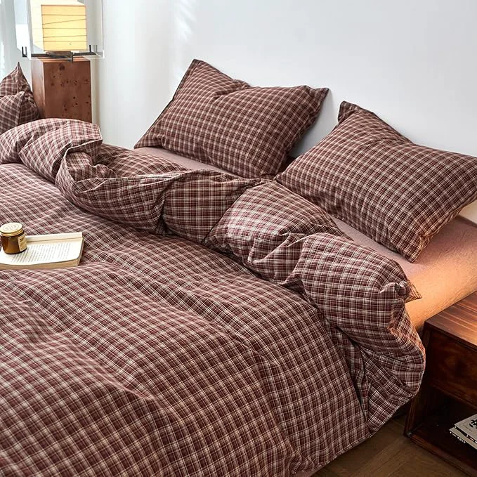 Genuine Plaid King Duvet Cover Set Red Brown Washed Cotton Comforter Cover King Size Vintage Pattern Farmhouse Zipper Duvet Cover Set with 2 Pillow Cases Boho Cute Bedding Set Checkered Duvet Protector Exclusive