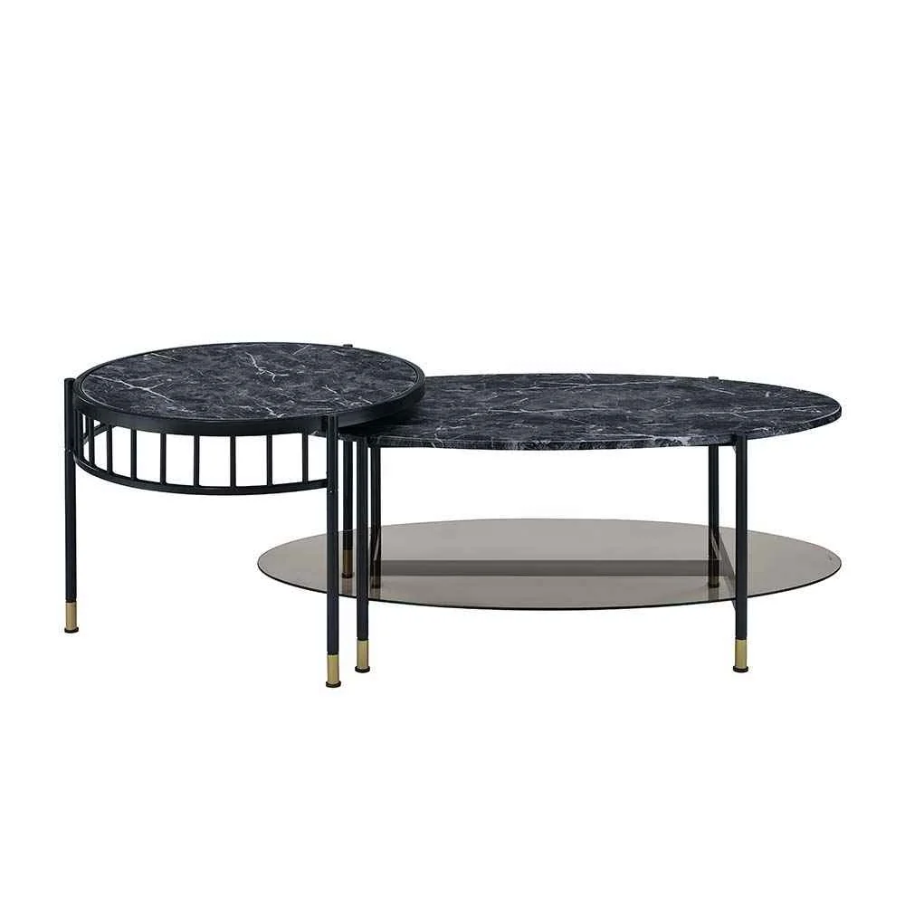 Artisan Silas - Nesting Coffee Table Set - Faux Marble Top amp Black Natural