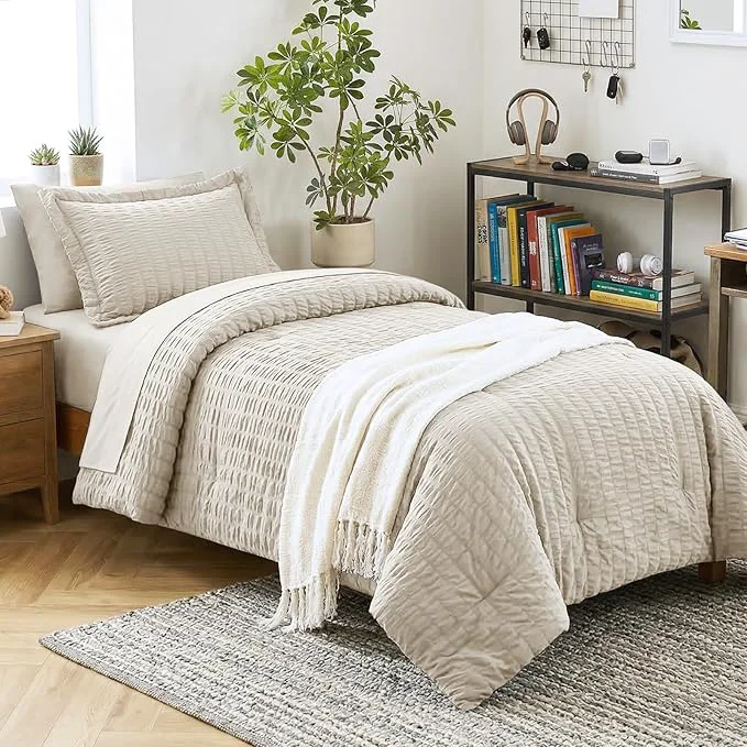 Solid CozyLux Twin XL Comforter Set with Sheets Seersucker Beige 5 Pieces Bed in a Bag Twin Extra Long Luxury Soft Bedding Sets for College Dorm with Down Comforter Sheets Pillowcase amp Sham Proven