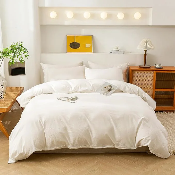 Exceptional ECOCOTT White Duvet Cover Queen Size Washed Cotton 1 Duvet Cover with Zipper and 2 Pillowcases Ultra Soft and Easy Care Breathable Bedding Set White Queen Fine