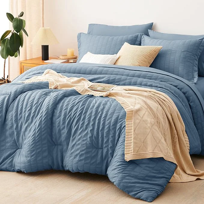 Smooth CozyLux King Size Comforter Set Grayish Blue Seersucker 7 Pieces Bed in a Bag King Comforter Set with Sheets Dusty Blue Luxury Bedding Set with Down Comforter Sheets Pillowcases amp Shams Fine Crafted