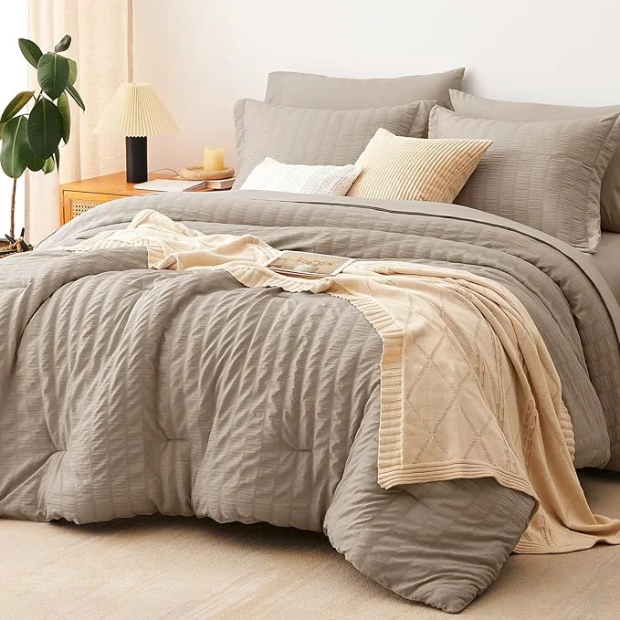 Trusted CozyLux Queen Comforter Set Khaki Seersucker 7 Pieces Bed in a Bag Queen Comforter Set with Sheets Luxury Soft Bedding Sets with Down Comforter Sheets Pillowcases amp Shams for All Season Convenient