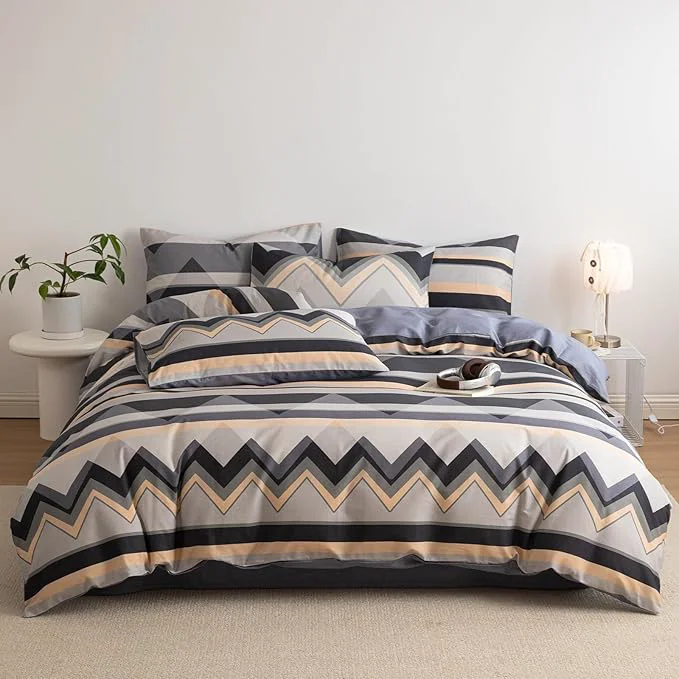 Authentic Boho Full Size Duvet Cover Grey Cotton Full Comforter Cover Neutral Soft Chevron Pattern Zipper Duvet Cover Set with Corner Ties Farmhouse Teen Boy Bedding Set Modern Duvet Protector Solid