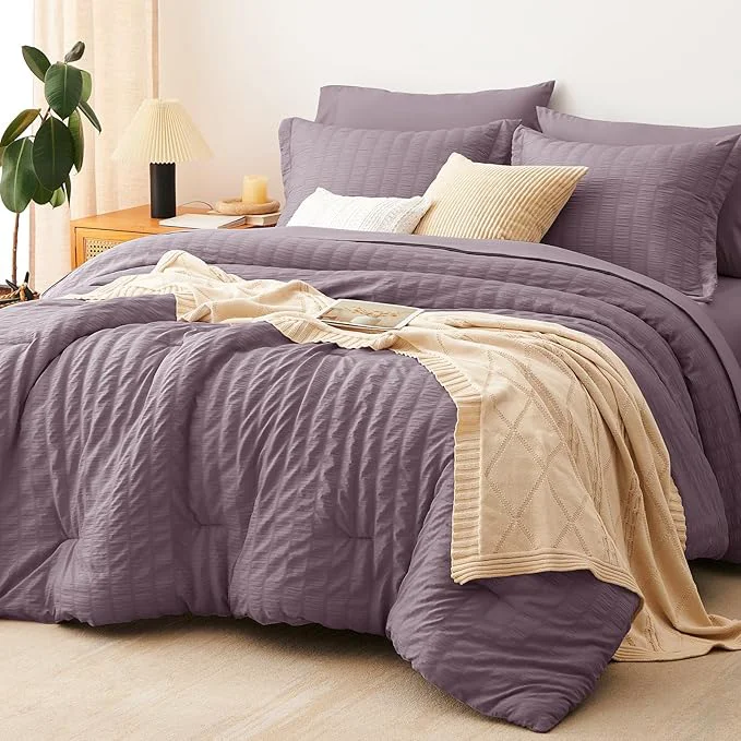 High-Quality CozyLux Oversized King Comforter Set Dusty Purple Seersucker 7 Pieces 120x98 Bed in a Bag Comforter Set with Sheets Grayish Purple Bedding Set Down Comforter Sheets Pillowcases amp Shams Exclusive