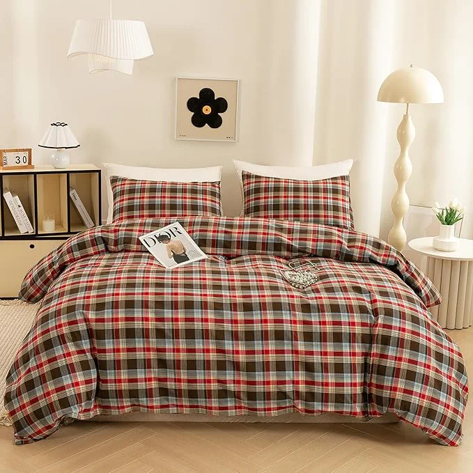 Expertly Made ECOCOTT Buffalo Plaid Duvet Cover King Size– 3 Piece Washed Cotton Bedding Set with Classic Checkered Pattern Red amp Brown Duvet Cover with Pillowcases for All Seasons Clean