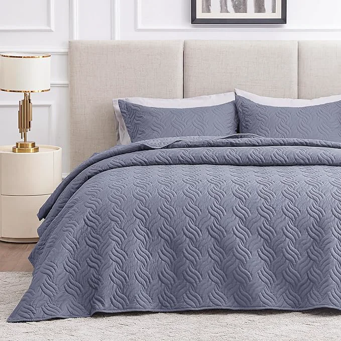 Dependable Love 39 s cabin King Size Quilt Bedding Set Bluish Grey Bedspreads - Bed Summer Lightweight Bedspread Comforter - Wave Pattern Bedding Coverlet for All Season - 3 Pieces 1 Quilt 2 Pillow Shams Premium Material