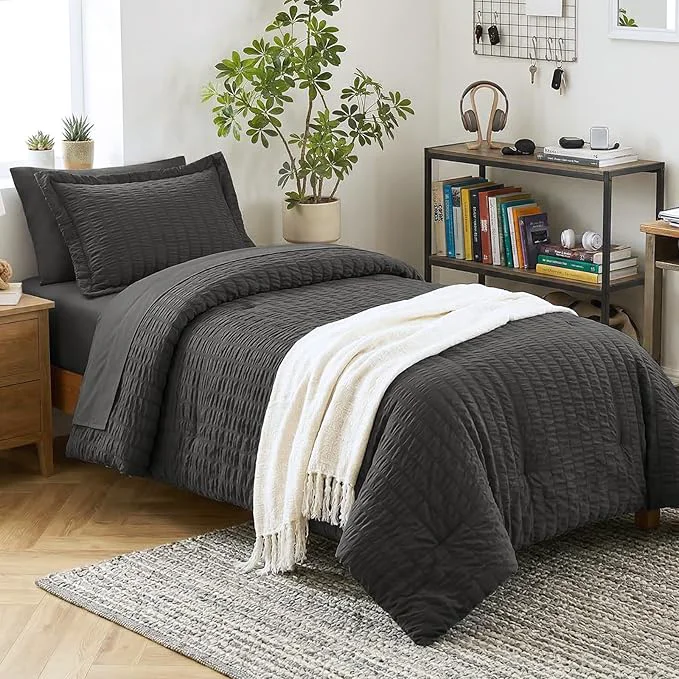 First-Class CozyLux Twin Comforter Set with Sheets 5 Pieces Dark Grey Seersucker Textured Bed in a Bag Dark Gray Luxury Soft Bedding Sets with Down Comforter Sheets Pillowcase amp Sham All Seasons Consistent