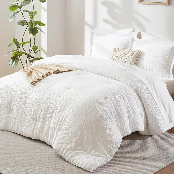 Next-Generation CozyLux King Size Comforter Set White Seersucker 7 Pieces Bed in a Bag King Comforter Set with Sheets Luxury Soft Bedding Sets with Down Comforter Sheets Pillowcases amp Shams All Seasons Sophisticated
