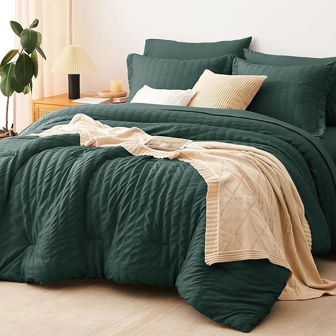 Convenient CozyLux Oversized King Comforter Set Forest Green Seersucker 7 Pieces 120x98 Bed in a Bag Comforter Set with Sheets Luxury Bedding Sets with Down Comforter Sheets Pillowcases amp Shams Genuine