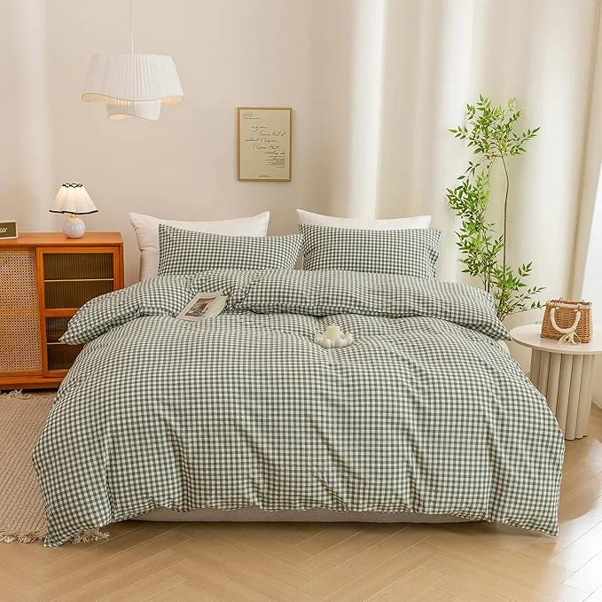 Detailed ECOCOTT Green Gingham Duvet Cover King Size Washed Cotton Like Linen Feel Super Soft amp Comfy Bedding Set Modern Checkered Design for All Seasons Casual
