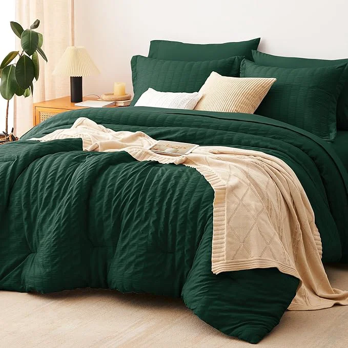 User-Friendly CozyLux King Size Comforter Set Emerald Green Seersucker 7 Pieces Bed in a Bag King Comforter Set with Sheets Luxury Bedding Sets with Down Comforter Sheets Pillowcases amp Shams Natural