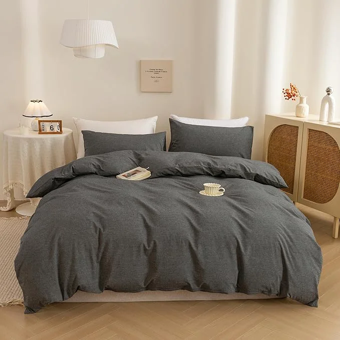 Trendy ECOCOTT Duvet Cover Set Washed Cotton Linen-Like Textured Soft amp Breathable Durable Comfy Bedding Set for All Seasons Grey Twin Top-Quality