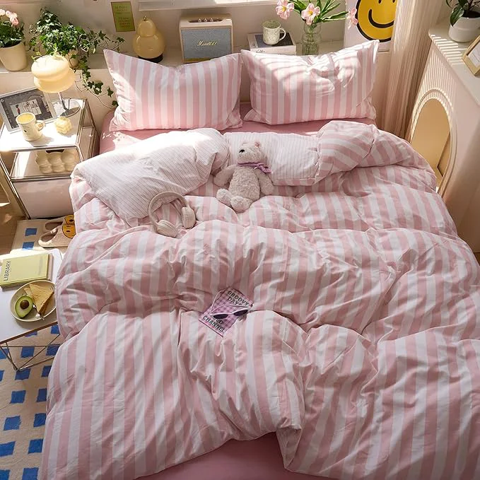 Top-Quality Peach Pink Striped Duvet Cover Twin Size Boho Patterned Comforter Cover Twin Farmhouse Aesthetic Preppy Cute Duvet Cover Set with Corner Ties Girls Bedding Set Washed Microfiber Duvet Protector Specialty