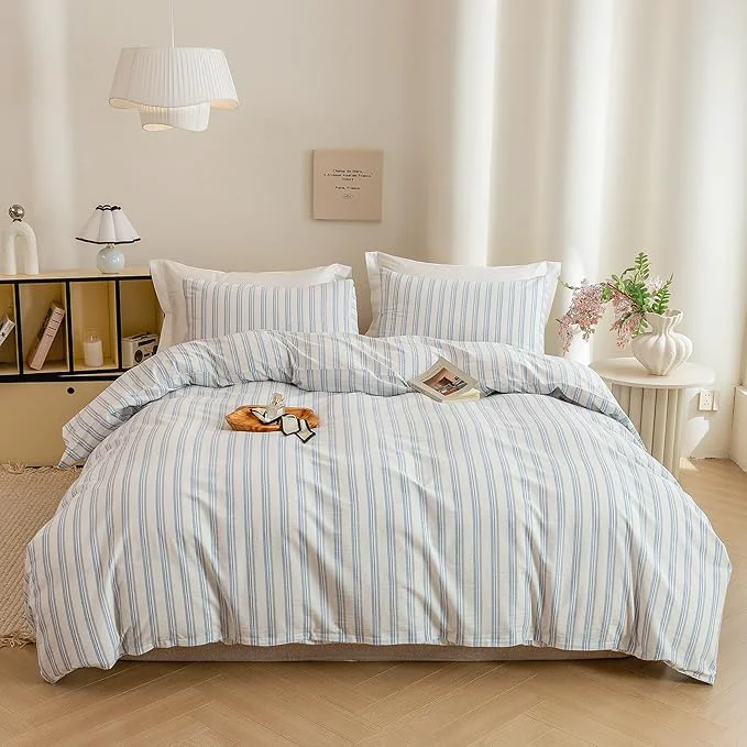 Prestigious ECOCOTT Striped Duvet Cover Queen Size - Washed Cotton Linen Like Textured Breathable Durable Soft Comfy Bedding Set with Zipper Closure amp Corner Ties Sophisticated